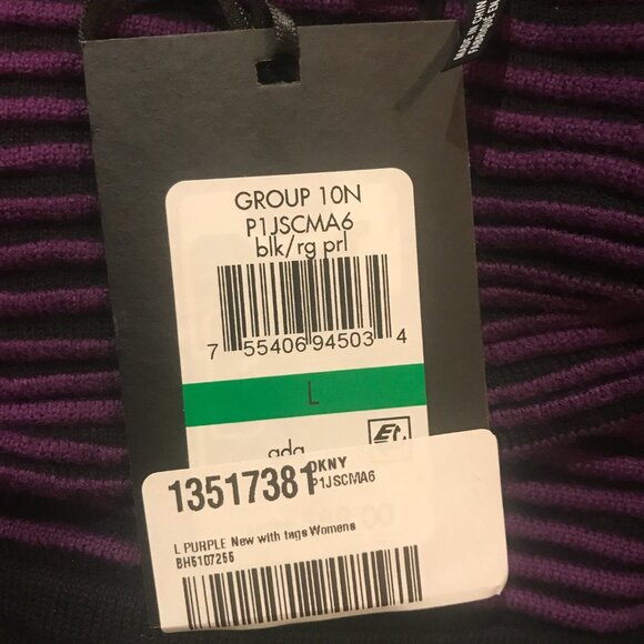 NWT DKNY Purple Striped Cowl Neck Sweater Ribbed Knit Flare Sleeve Crop Top L - Picture 5 of 6